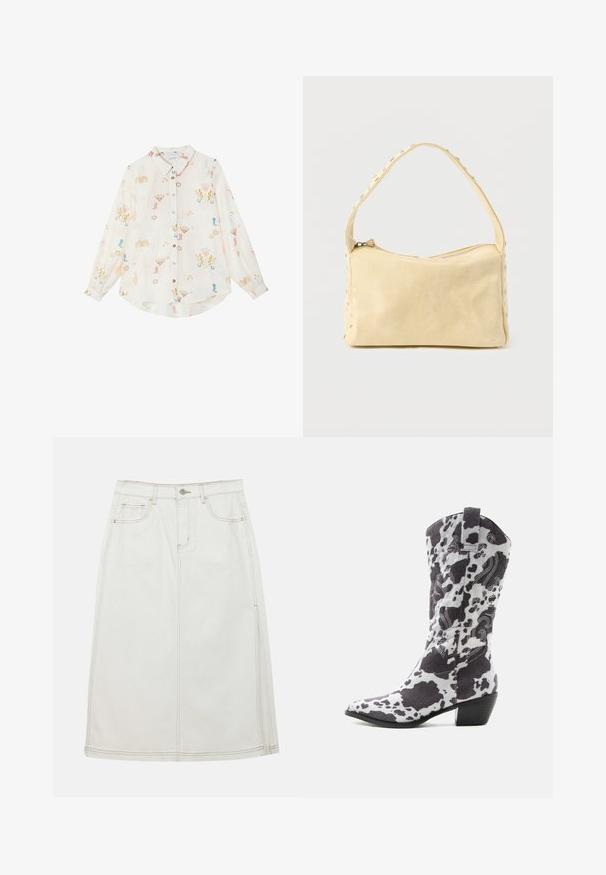 Chemise blanche à manches longues avec boutons, ornée d'imprimés colorés sur le thème cowboy, comprenant des bottes, des cactus, des fers à cheval et des étoiles.; Jupe midi en denim blanc avec une silhouette droite, dotée d'une fermeture à boutons sur le devant, de deux poches latérales et de détails de couture contrastants.; Botte de cowboy mi-mollet imprimé vache, avec bout pointu, talon bloc, couture blanche décorative et languette d'extraction sur fond clair.; Petit sac à main en cuir beige avec une seule bandoulière et des clous argentés le long des bords et de la bandoulière, posé sur un fond uni.