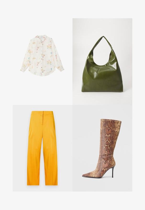 Chemise blanche à manches longues avec boutons, ornée d'imprimés colorés sur le thème cowboy, comprenant des bottes, des cactus, des fers à cheval et des étoiles.; Pantalons large jaunes éclatants en tissu lisse, avec un design épuré comprenant des plis à l'avant et une taille plate.; Bottine à talon haut et à bout pointu en imprimé serpent, offrant un ajustement serré, une texture douce et un talon aiguille noir élégant.; Sac hobo en cuir vert au design décontracté, avec une poignée incurvée et une texture lisse. Ne contient aucun matériel ou accent visible.