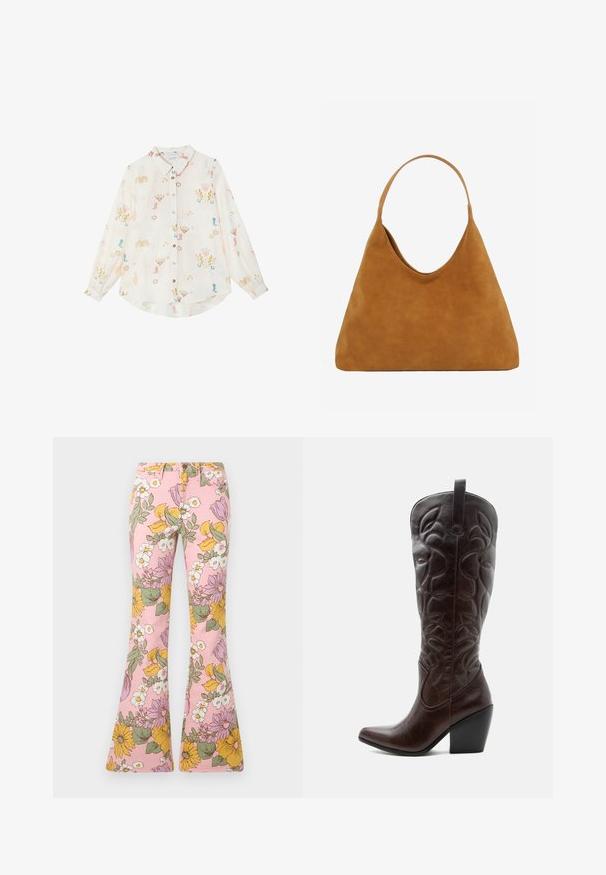 Chemise blanche à manches longues avec boutons, ornée d'imprimés colorés sur le thème cowboy, comprenant des bottes, des cactus, des fers à cheval et des étoiles.; Pantalon évasé rose avec un motif floral multicolore comprenant des fleurs et des feuilles jaunes, blanches, vertes et violettes.; Botte de cowboy haute en cuir marron foncé avec motifs décoratifs cousus, bout pointu et talon bloc empilé.; Sac à épaule triangulaire en daim marron avec une bandoulière simple et une surface lisse et sans ornements sur fond blanc.