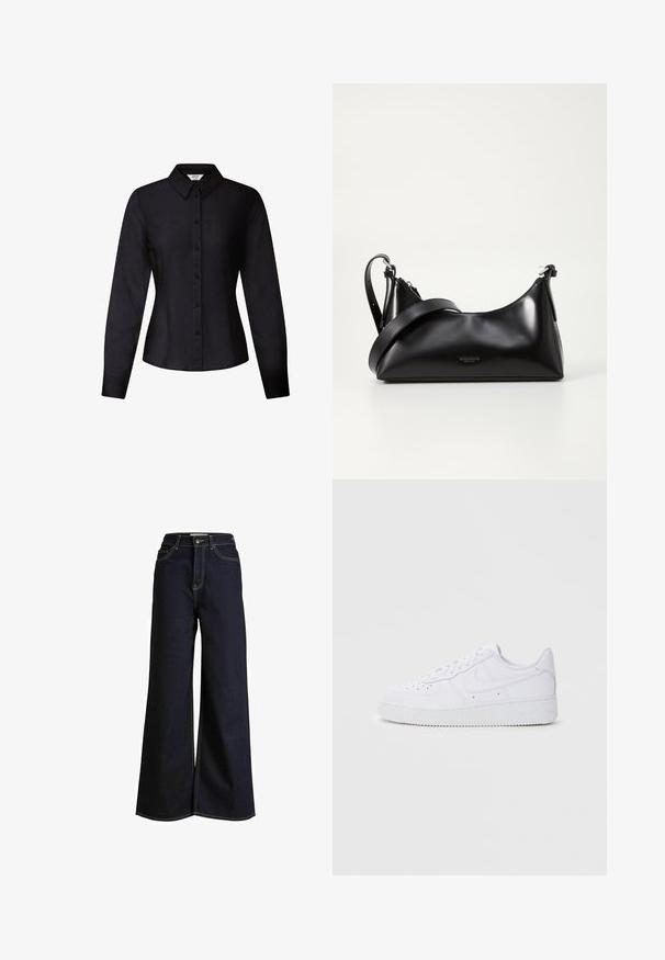 Chemise noire ajustée à manches longues avec devant boutonné et col pointu, taille cintrée et poignets aux manches.; Jean en denim foncé à jambe large et taille haute, avec des coutures jaunes contrastantes et un design épuré et structuré.; Baskets blanches Nike Air Force 1 avec tige en cuir, bout rond, fermeture à lacets, col rembourré et semelle en caoutchouc texturé.; Sac à main en cuir noir avec une texture lisse. Dispose d'une bandoulière adjustable et d'un design élégant et minimaliste avec une fermeture éclair.