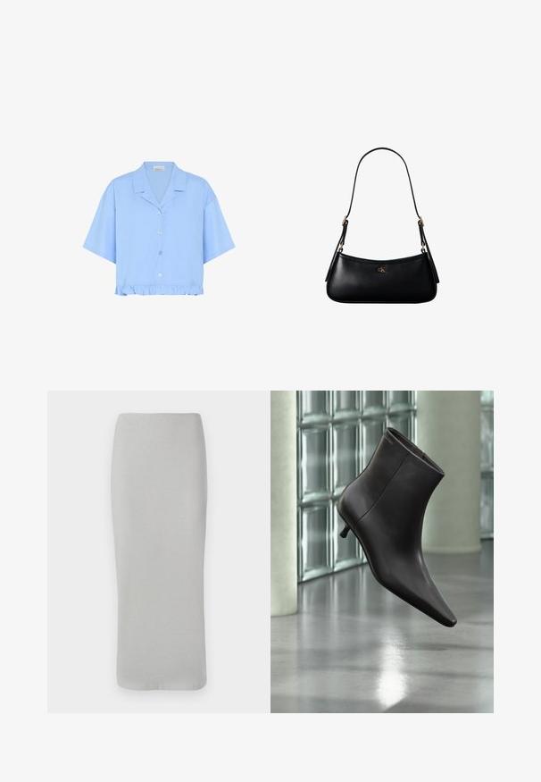 Lyseblå cropped skjorte lavet af bomuld; har korte ærmer, en krave, frontknapper og en flæse i bunden.; DRYKORN VONICA - Pencil skirt - grey; Sort læderankelstøvle med spids tå og lille hæl vist mod en væg af glasblokke og poleret gulv baggrund.; Sort læder mini skuldertaske med tynd rem og lille gyldent CK-logo på fronten i midten.