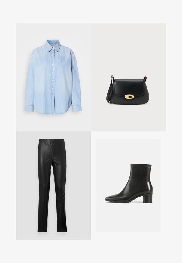 Lyseblå denimskjorte, lange ærmer, standard krave, frontend-knaplukning, rundet kant, glat tekstur med let falming.; Sorte faux læderbukser med slim fit, glat tekstur, mellemhøj talje og lige ben. Ingen synlig hardware eller mønstre.; Sort læderankelstøvle med spids tå og en mellemhøj blokhælk. Glat tekstur og minimalistisk design. Ingen synligt hardware.; Sort læder crossbody taske med klapdesign, guld oval lås og justerbar rem. Glat tekstur og minimalistisk stil.