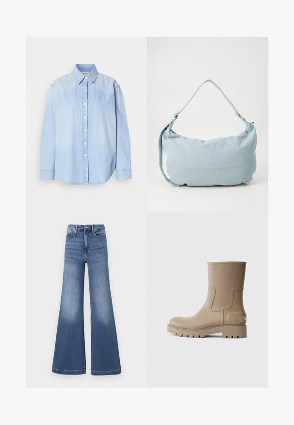 Lyseblå denimskjorte, lange ærmer, standard krave, frontend-knaplukning, rundet kant, glat tekstur med let falming.; Good American GOOD WAIST PALAZZO COMPRESSION - Flared jeans - indigo; Beige gummistøvler til anklerne med en glat finish, rund tå og tekstureret sål. Har et sidepanel og logo detajle på hælen.; Lysblå denim skuldertaske i en rund form, justerbar rem og diskret syning langs den nederste kant. Blød tekstur.
