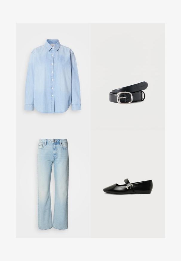 Lichtblauwe denimshirt, lange mouwen, standaard kraag, knoopsluiting aan de voorkant, ronde zoom, zachte textuur met een lichte vervaging.; Lichtblauwe wijde jeans van denim, voorzien van een klassiek vijf-pocket ontwerp en een subtiele vervaagde textuur. Denimstiksels zijn zichtbaar.; Zwarte leren Mary Jane platte schoen met een afgeronde neus en zilveren gespsluiting op een effen achtergrond.; Zwarte leren riem met een rechthoekige zilveren gesp. Glad oppervlak, met gaten voor verstelbaarheid en een merknaam aan de binnenkant.