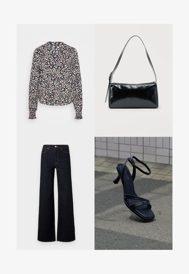Blusa de manga larga en tejido negro con un patrón floral en rosa, azul y beige. Presenta un cuello y puños con fruncidos.; Pitillos de mezclilla anchos de color azul oscuro, con una cintura alta, costuras en contraste y un solo botón de metal en la parte frontal.; Sandalia negra de tacón alto con tiras y hebilla en el tobillo flotando sobre un pavimento gris texturizado con fondo de pared de azulejos.; Bolso de hombro rectangular negro con una correa ajustable y un cierre de cremallera superior sobre un fondo liso.