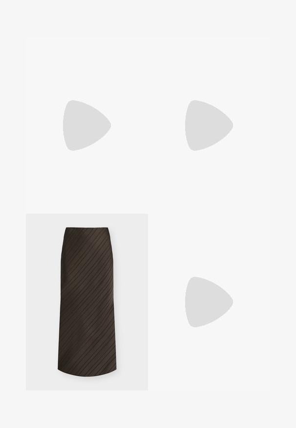 Envii WILMA - Débardeur - green; Jupe trapèze marron foncé avec des rayures noires diagonales, longueur midi, et une ceinture simple.; Sandale à talons hauts en cuir verni noir avec un design à lanières, sangle de cheville ajustable et détails noués. Texture lisse, bout pointu.; Petit sac à main noir brillant avec deux longues anses et des détails à cordon sur les côtés sur un fond clair uni.