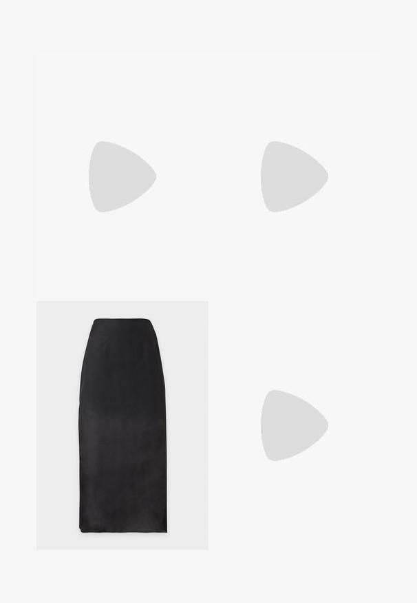 Haut noir sans manches avec un col montant et une coupe ample, présenté sur un fond blanc uni.; Jupe crayon noire taille haute, coupe droite, texture lisse, sans motifs ni ornements visibles.; Sandale en cuir verni noir avec trois brides, boucle de cheville et talon aiguille de 10 cm. Présente un détail en métal doré et un charm logo.; Sac bandoulière marron Love Moschino avec fermeture éclair dorée et logo, forme arrondie, sangle réglable et tirettes décoratives.