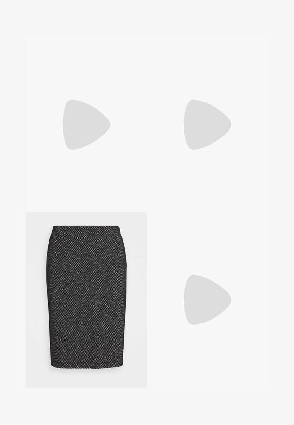 Camiseta de algodón negra con manga corta tipo cap sleeve, escote redondo y un corte relajado. Textura suave sin patrones ni adornos visibles.; Falda negra ajustada hasta la rodilla con un patrón texturizado, diseño entallado, cintura alta y sin herrajes ni adornos visibles.; Even&Odd by Zalando Botas - black; Pendientes de metal plateado que presentan dos círculos entrelazados, uno más grande y otro más pequeño, con un acabado cepillado y cierres de presión.