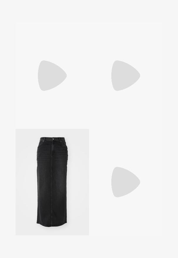 Grijze langwerpige shirt met lange mouwen, gemaakt van een gestructureerde katoenen mix, met een ronde halslijn en een aangesloten pasvorm. Geen zichtbare patronen of versieringen.; Zwarte denim maxi rok met een rechte snit, middelhoge taille, zakken aan de voorkant en zichtbare stiksels langs de naden.; Zwarte enkelboots met een zachte leren afwerking, vetersluiting aan de voorkant en een zijrits. Chunky zool en gedetailleerde veterogen voegen textuur toe.; Zachte grijze suède tote bag met een open bovenkant, gestructureerde vorm en twee gebogen handvatten. Voorzien van naadloze stiksels en een gladde textuur.