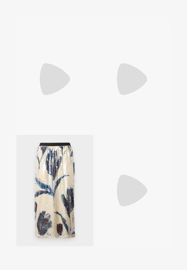 Rabanne Top s dlhým rukávom - english tapestry/pink/blue/green; Béžová midi sukňa s čiernym elastickým pásom, veľký modrý a tmavý kvetinový vzor s flitrami.; MIISTA DAHLIA - Čižmy na platforme - brown; Kožená kabelka olivovo zelenej farby so štruktúrovaným tvarom, dvojitými rukoväťami, jemným prešívaním a visačkou upevnenou zlatým retiazkou.