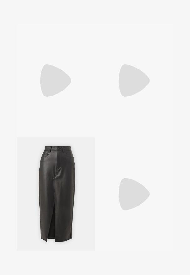 Haut à col roulé sans manches en tissu côtelé de couleur vert foncé. Caractéristiques : un col haut, une texture lisse et une coupe ajustée.; Jupe midi en cuir noir avec fente avant, taille haute et cinq poches. Texture lisse avec des détails de surpiqûres contrastantes.; Chaussure plate en cuir verni noir avec un bout pointu, une sangle de cheville avec boucles, et une texture lisse et brillante. Talon bas pour le confort.; Cadenas en forme de cœur en argent avec les inscriptions gravées "OUI" et "NON", finition polie, design symétrique et un robuste fermoir en métal.