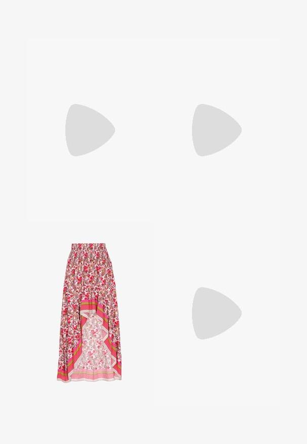 Top de sujetador de punto rojo con cuello en V, tirantes finos, patrón texturizado con agujeros y una banda ajustada en la parte inferior.; Falda midi floral de tela ligera, con una cinturilla fruncida, detalles en rayas rosa y verde, y un dobladillo con capas adornado con encaje.; Felmini Botines - sand; Bolso cruzado marrón de ante con detalle de flecos largos y cierre de cremallera sobre fondo blanco.