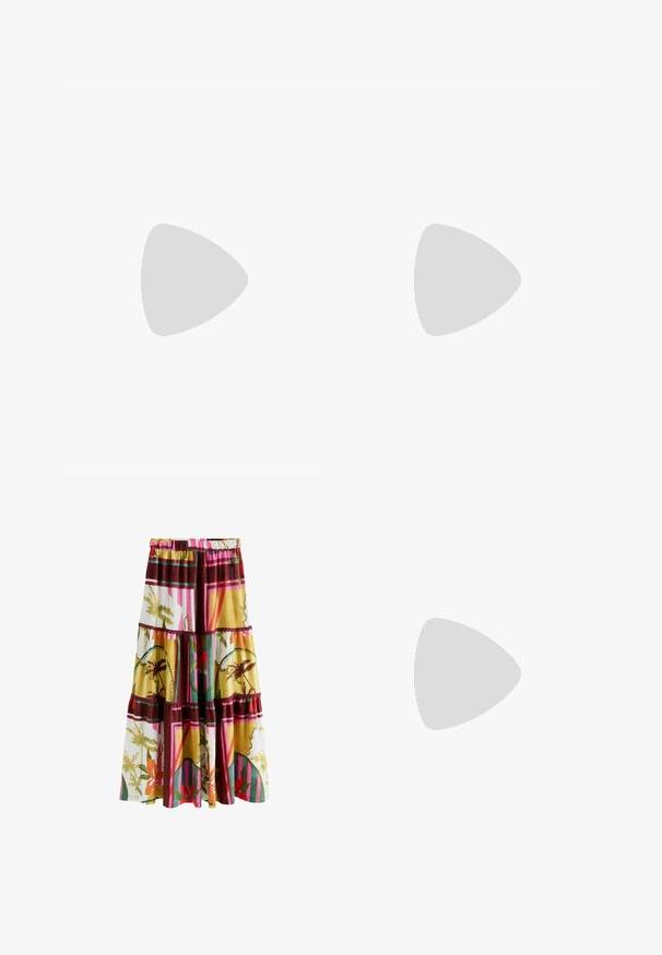 Top de sujetador de punto rojo con cuello en V, tirantes finos, patrón texturizado con agujeros y una banda ajustada en la parte inferior.; Falda larga de capas con cintura elástica, con patrones geométricos y florales multicolores en tonos amarillos, verdes, rosas, rojos y marrones.; Botín de ante marrón hasta el tobillo con punta afilada, tacón apilado y detalles de flecos a lo largo del costado, con acentos en metal dorado.; Bolso cruzado de ante marrón con correa ajustable, detalle de flecos y pequeños remaches metálicos en la solapa frontal.
