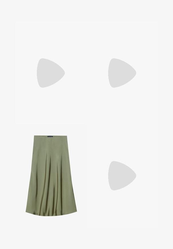 Grünes Kurzarm-T-Shirt mit V-Ausschnitt-Design, gefertigt aus weichem Baumwollstoff, mit klaren Linien und lockerer Passform.; Olivgrüßer Midirock aus glattem Stoff, mit einem fließenden Design und subtiler Schimmer, mit geradem Taillenbund.; Cremfarbener Slingback-Schuh mit spitzer Spitze, niedrigem schwarzem Kitten-Heel und glattem Lederfinish vor weißem Hintergrund.; Hobo-Tasche aus cremefarbenem Leder mit einem einzelnen Schulterriemen, glatter Textur und einem goldfarbenen Verschlussdetail an der Vorderseite.