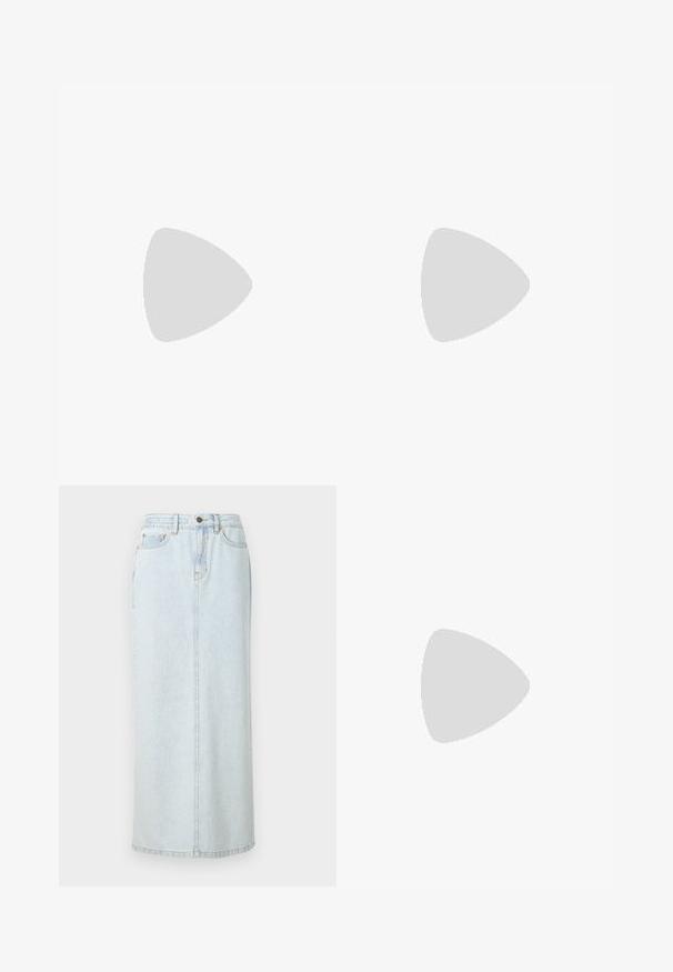 Camiseta de algodón blanca con cuello redondo. Presenta mangas cortas y un logo negro con el texto "KARL LAGERFELD JEANS" en el lado izquierdo del pecho.; Falda maxi de mezclilla azul claro con diseño recto, cierre de botones en la parte frontal y costuras visibles. Cuenta con dos bolsillos frontales.; Mule tipo slip-on de cuero negro de Calvin Klein con tacón de bloque descansando sobre baldosas de madera al aire libre cerca de una planta verde y una pared gris.; Pequeño bolso de mano de cuero beige con asa superior y logo plateado de CK en la solapa frontal, mostrado sobre un fondo blanco.