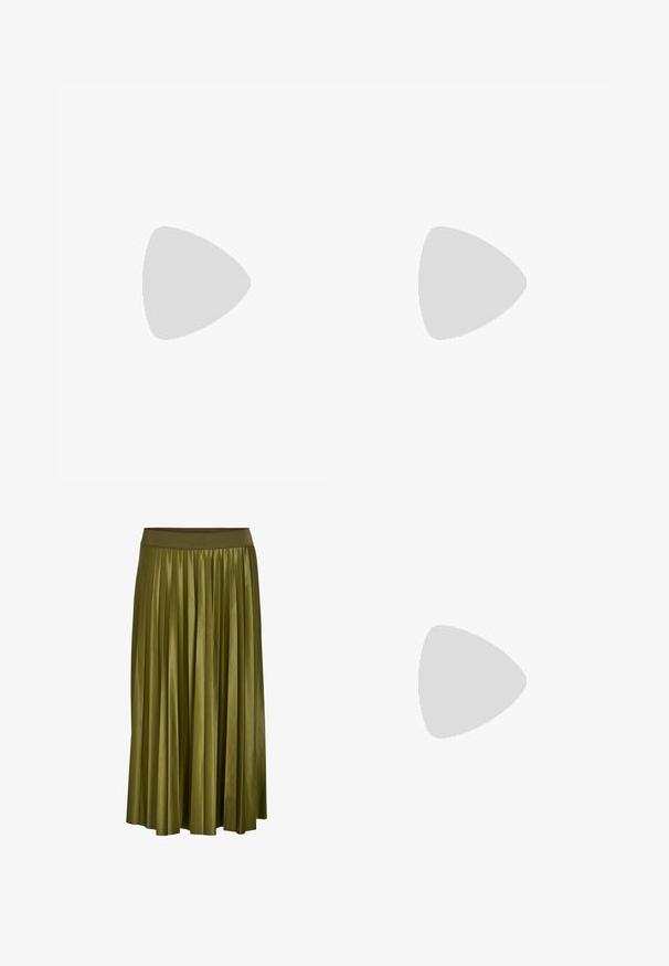 Zwarte top met korte mouwen en een ronde hals, gemaakt van een zachte stof. Heeft pofmouwen en een relaxte pasvorm. Eenvoudig, onopgesmukt ontwerp.; Khaki groene geplooide midirok met brede elastische tailleband en gladde stoftextuur.; Zwarte laarzen van gepatenteerd leer met een puntige neus, een lage vierkante hak en een kleine metalen gespdetail op de band. Gladde textuur.; Zilveren hoepel oorbellen met een minimalistisch ontwerp. Cirkelvormig, gladde textuur en dun profiel. Lichtgewicht met een gepolijste afwerking.