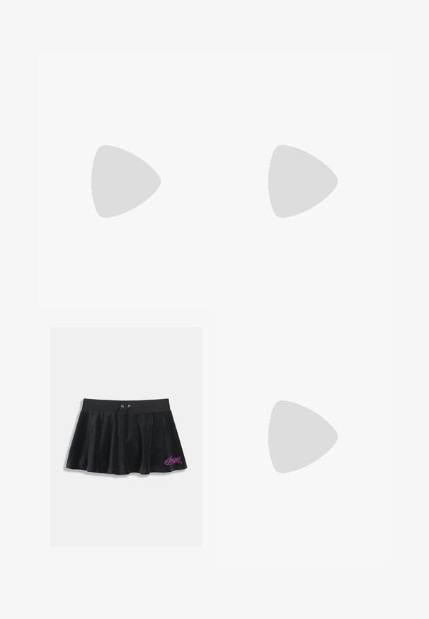 Το μπλουζάκι crop top με λαιμόκοψη halter σε ήσυχο γκρίζο χρώμα, φτιαγμένο από μαλακό ύφασμα, διαθέτει συγκεντρωμένη περιοχή στο στήθος, λεπτομέρειες από δίχτυ και μια μικρή ετικέτα με λογότυπο στο τελείωμα.; Μαύρη μίνι φούστα από βελούδο με ελαστική μέση, διαθέτει κορδόνι και ροζ κεντημένη λεπτομέρεια "Angel" στο τελείωμα.; Λευκά δερμάτινα sneakers με χοντρή σόλα, σχέδιο δέσιμο και διακριτική επωνυμία. Διαθέτουν λεία υφή και στρογγυλή μύτη.; Μαύρη τσάντα mesh διακοσμημένη με ασημένιες καρφίτσες, με καμπύλη λαβή και αλυσίδα. Μαλακή υφή με στρογγυλό σχήμα.