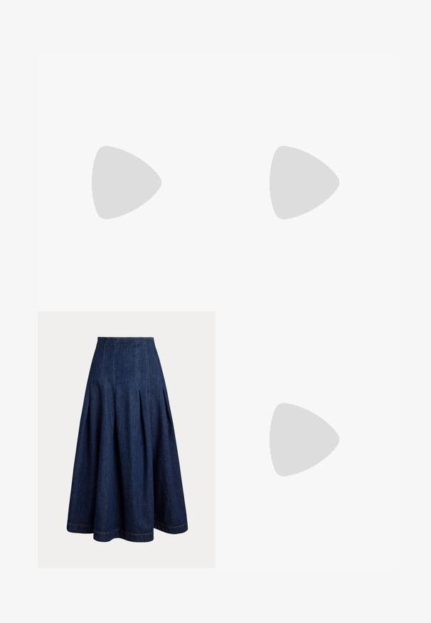 Polo de manga larga color gris claro con puños acanalados, tapeta con dos botones y pequeño logo bordado en azul marino en el pecho izquierdo.; Falda vaquera de talle alto en azul oscuro con forma amplia en línea A y costuras verticales visibles y plisados.; Zapatilla blanca con parte superior de cuero liso, acentos de ante y cordones planos. Presenta una suela de goma texturizada y un diseño minimalista.; Bolso de ante de color marrón oscuro en forma de media luna con ribete trenzado, correa de cuero y un cierre plateado con un pequeño logo de caballo.