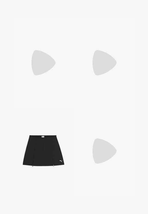 T-shirt en coton rouge avec un col et des bords de manches en côtes blanches, arborant un grand logo blanc "PUMA" sur le devant.; Jupe de sport noire avec un design évasé, fabriquée en tissu lisse. Comprend des poches zippées à l'avant et un logo Puma blanc sur le bas à droite.; Chaussure plate en daim Puma gris clair avec logo blanc, lacets à l'avant, côtés découpés et semelle beige texturée, vue du côté extérieur.; Sac à main rose brillant avec deux poignées, accents blancs et un logo PUMA bien visible. Comprend une bandoulière amovible et une fermeture éclair.