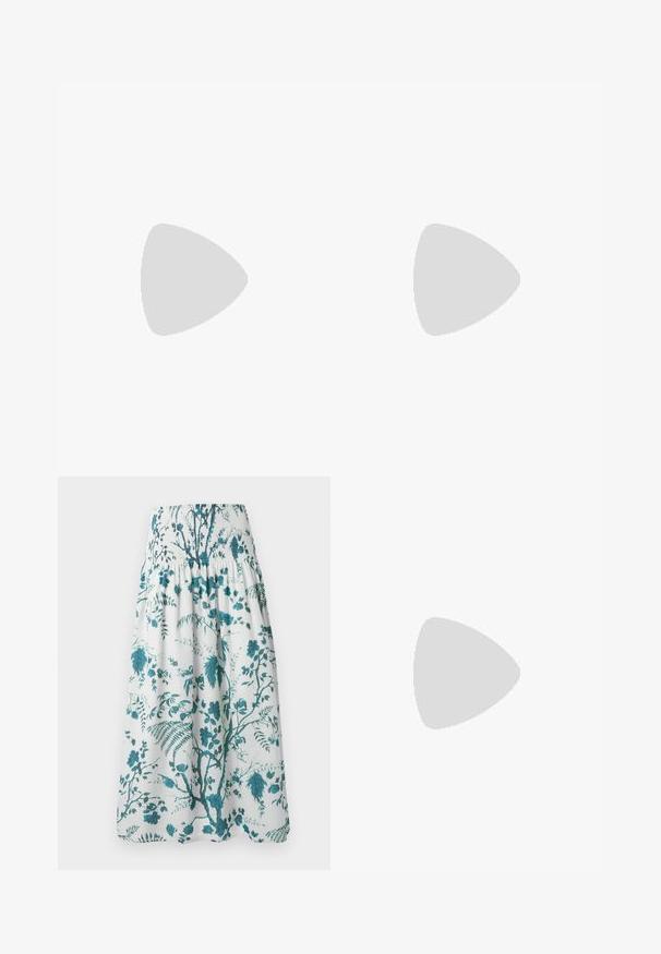 Diane von Furstenberg LONG SLEEVE SHIRT - Longsleeve - light pink; Witte midi rok met turquoise botanische bloemenprint en geplooide elastische tailleband.; Witte mules met een puntige neus, geplooide textuur op het bovenwerk en een slanke naaldhak. Gladde oppervlakte en minimalistisch ontwerp.; Beige geweven handtas met afgerond lichaam, ritssluiting en een korte, dikke band in een eenvoudige, gestructureerde haakstijl.