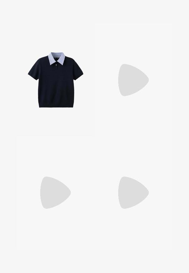 Top met korte mouwen in marineblauw gebreid, met een blauw-witte gestreepte kraag en een enkele knoop bij de halslijn.; Lichtgrijze op maat gemaakte broeken met een rechte snit, met een gladde textuur en zijzakken, ontworpen met een schone, moderne esthetiek.; Mango Instappers - black; Bruine schildpadvormige rechthoekige bril met heldere glazen en slanke poten, met een gladde textuur en een minimalistisch ontwerp.