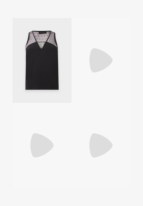 Sort ærmeløs top med V-udskæring, gennemsigtig mesh med prikker på øverste bryst og skuldre, mærket siger "Anna Field."; Noisy May Rhinestone - Jeans Relaxed Fit - black denim; Sort læder slingback højhælet sko med spids tå svævende over gråt tæppe, sløret grønlig væg i baggrunden.; Sort læderhåndtaske med en rundet form, dekoreret med sølvnitter, og et kort håndtag. Glat tekstur og lynlåslukning.