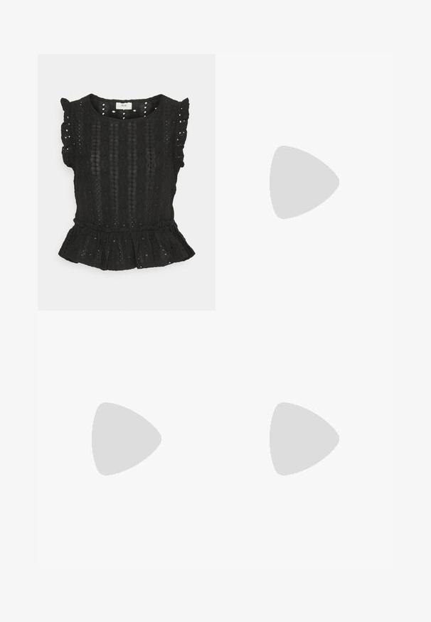 JDY Petite JDYDEMI FRILL - Trükipildiga T-särk - black; Mustade täppidega seelik, kõrge vöökoht, nööpide eesmine kinnitamine, põlve pikkus, valmistatud sileda tekstuuriga ja peene langevusega kangast.; Mustad musta nahast üliha sussid avatud varbaga ja madala läikiva kontsaga. Minimalistlik disain, kaarjas kuju ja šikk viimistlus.; Must mustruktureeritud must nahast käekott, millel on pealne käepide, eemaldatav õlarihm ja esiküljel klapi detail. Kuldse metallist aksessuaari aktsendid.