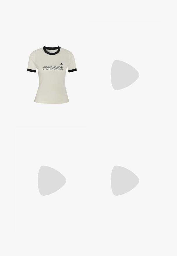 Haut tricoté blanc à manches courtes avec col et poignets côtelés noirs, avec texte Adidas noir et logo trèfle sur le devant.; Pantalons larges de couleur crème avec une taille élastique, présentant des rayures latérales orange et un petit logo orange à l'avant.; Baskets Adidas Tokyo bleu clair avec trois bandes beiges, sangles beiges et semelle en gomme sur un fond blanc uni.; Lunettes de soleil noires à monture œil de chat avec des verres foncés et le logo "Vogue" sur le verre et les branches, sur fond blanc.