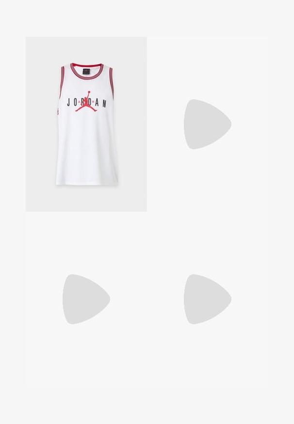 Camiseta blanca sin mangas de baloncesto con ribete rojo, con texto negro "JORDAN" y logotipo rojo de Jumpman en el centro.; Pantalones cortos blancos con acentos negros y ribete rojo, con múltiples firmas en negro. Incluye un logo de Botter Antwerp en el lado izquierdo.; Zapatillas deportivas blancas y negras con acentos rojos. Presentan materiales de malla y cuero, punta redondeada y suela de goma texturizada.; Collar de cadena de metal plateado que presenta eslabones entrelazados, una textura suave y un cierre ajustable para personalizar la longitud.