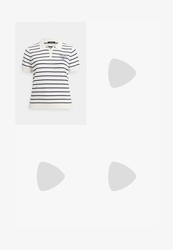 Valge lühikeste varrukatega polo-särk tumesiniste horisontaalsete triipudega ja rinnal tikitud "Ralph Laureni" logo, kaeluse ja nööbirihmaga.; Valged laia lõikega puuvillased püksid, millel on kõrge vöökoht, nööpminekus ja peened kortsujooned ees.; Valge nahast sandaal madala plokkmuhviga, millel on õhukesed rihmad ja pannal. Sile tekstuur ja minimalistlik disain.; Kreemivärvi nahast käekott ühe kõverdatud ülemise sangaga ja kuldse ristkülikukujulise klambriga eespool.