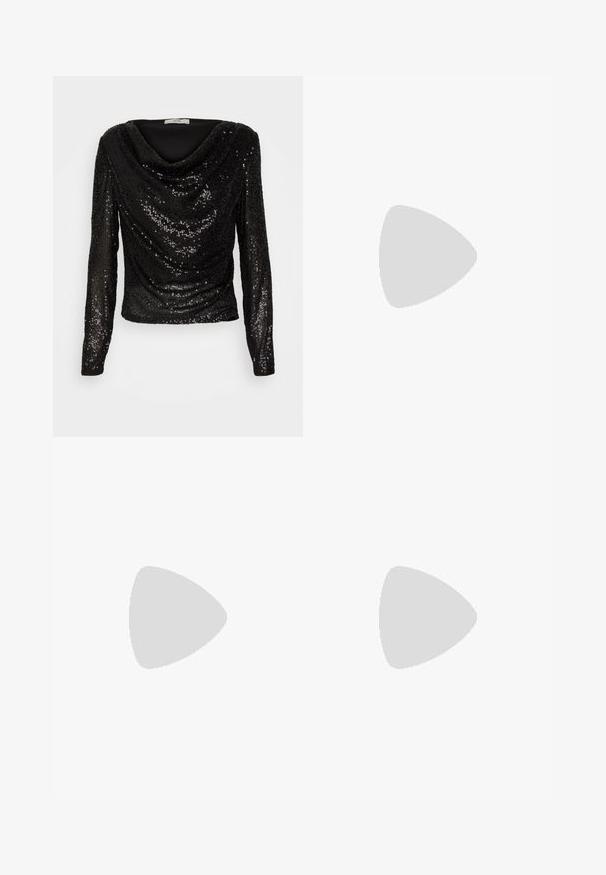 JDY JDYCARMEN GLITTER FALL BLOUSE - T-shirt à manches longues - black; ONLY ONLBLAKE FLARED PIN LEA PANT  - Pantalon classique - black; Botte chelsea en cuir noir avec un bout pointu, un talon haut cylindrique et une languette à l'arrière pour un enfilage facile. Texture lisse.; Petit sac à main avec motif à carreaux argenté, poignée incurvée, grande fermeture à perle et une fine bandoulière en chaîne argentée sur un fond uni.