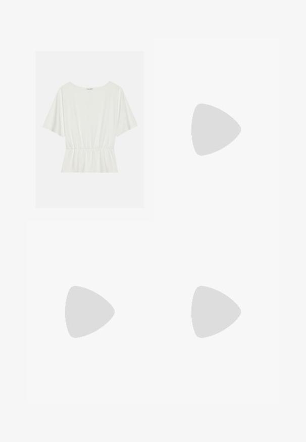 Haut blanc à manches courtes avec un col large et une taille froncée. Fabriqué en tissu lisse, il présente une coupe ample et un design minimaliste.; Pantalon en coton vert clair avec une coupe droite, doté d'une ceinture tissée beige, de poches avant et sans motifs ni ornements visibles.; Mocassins en cuir blanc à semelle plate, avec un détail de boucle en ton doré et une finition lisse. Design classique aux lignes simples.; Pochette en cuir bleu clair avec fermoir rectangulaire doré et sangle de poignet amovible sur fond blanc.