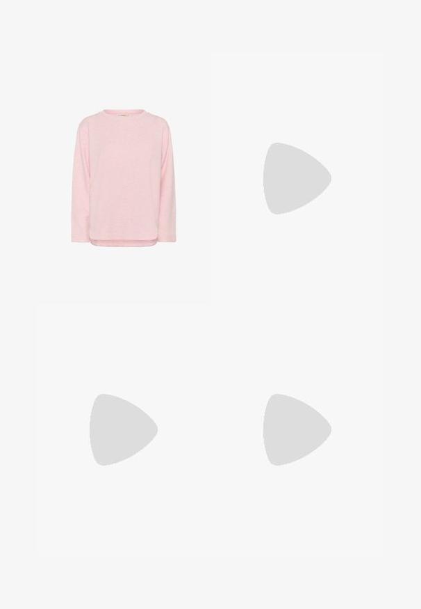 Hele roosa pikkade varrukatega ümara kaelusega pullover, millel on veidi kumeralt lõigatud serv ja õrn laikuline tekstuur.; Kerged roosad dressipüksid, mis on valmistatud pehmest kangast, laia jala disainiga, elastse vöökoha ja sidumispaelaga ning mansettidega äärtega.; Roosa sametist spordijalanõud, millel on valge kolme triibu disain ja logo. Omab tekstureeritud varbaosa ja kummist tallat. Mudeli nimi "Gazelle" on küljepeal.; Roosa, polsterdatud käekott ümmarguse disainiga, valmistatud läikivast materjalist. Omab kogutud käepidet ja lukuga sulgemist, et tagada turvaline ligipääs.