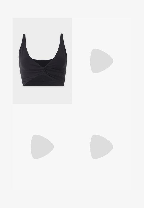 Must crop-top laia õlapaelte ja esiküljel keskel keeratud sõlme detailiga, kujutatud valgel taustal.; Heledad seelik helesinise ja valge ruudulise mustriga, pehme tekstuuriga ning tumedat kontrasti äärdega. Küljel on sidumiseks paelad.; Mustad läbipaistvad baleriinad terava nina, lame tallaga ja pandlaga rihmaga, kaunistatud metalliliste täpiliste aksessuaaridega.; Mustast nahast õlakott voldilise esipaneeli, reguleeritava rihma, kuldse tõmbluku ja väikese kuldse brändilogoga ees keskel.