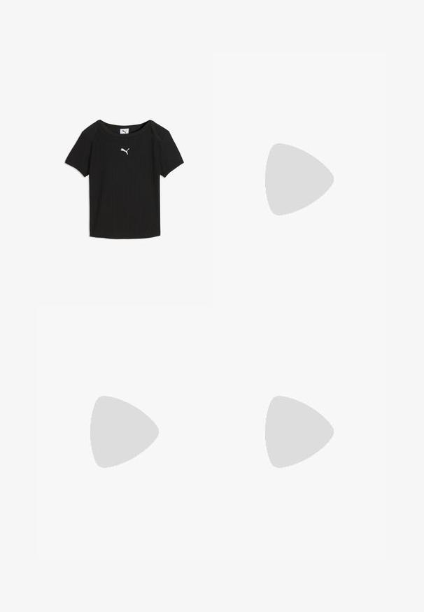Camiseta negra de canalé de manga corta Puma con cuello redondo y logo blanco de Puma centrado en el pecho.; Pantalones anchos negros con cintura elástica, rayas blancas verticales, bolsillos laterales con cremallera y un pequeño logo en el muslo.; Zapatillas de ante verde con acentos de cuero blanco, costuras texturizadas, parte frontal con cordones y suela de goma. Presenta detalles de diseño únicos a lo largo de los lados.; Bolso tipo tote de piel sintética negra con asas largas y un gran logo de Puma con contorno blanco en el centro delantero sobre un fondo liso.