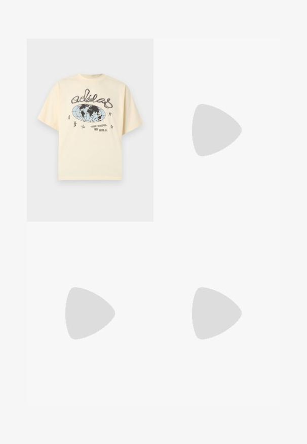 Cremefarbenes Adidas-T-Shirt mit handgezeichnetem Globus, Sternen und dem Text "Three Stripes. One World." auf der Vorderseite.; Khakifarbene weit geschnittene Hosen aus Baumwollmischgewebe, mit einem einzelnen Knopfverschluss und sichtbaren Seitentaschen. Glatte Textur, Faltendetails.; Schwarze Leinensneaker mit einer Wildlederkappe, weißem Logo-Akzent, schwarzen Schnürsenkeln und einer Gummisohle. Minimalistisches Design und niedriges Profil.; Rechteckige schwarze Sonnenbrille mit dunklen Gläsern. Schmale, flache Bügel mit einem goldenen Akzent. Glatter Kunststoffrahmen mit matter Oberfläche.