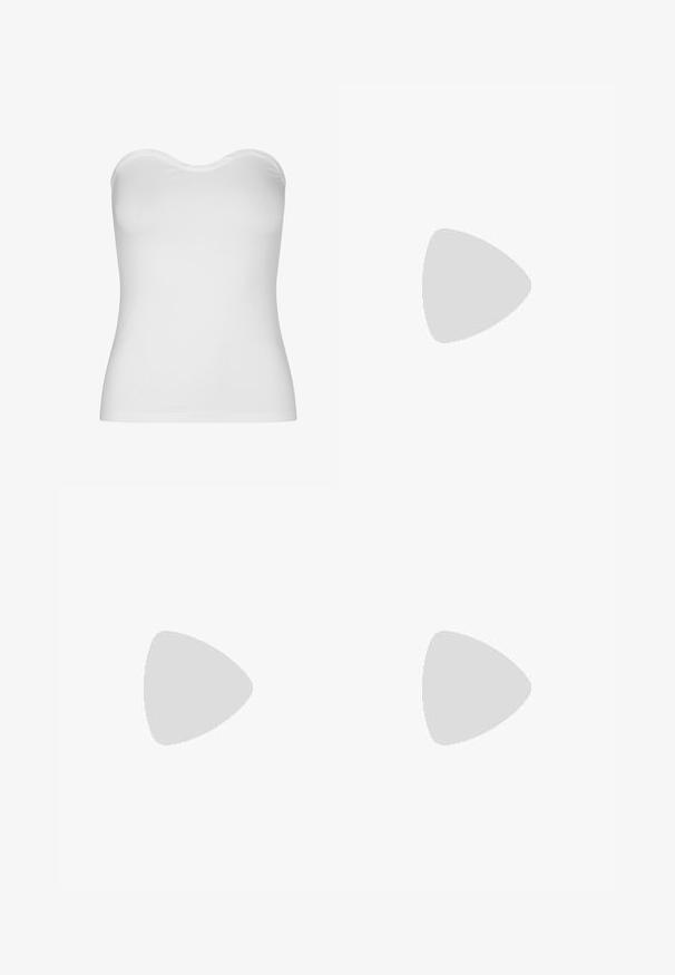 Top blanco sin tirantes, hecho de una tela ligera y elástica. Presenta una textura suave, escote curvado y un diseño ceñido. Sin costuras visibles.; Jeans de mezclilla de color azul claro con un corte recto, que presentan un cierre de botón y cremallera convencional, y una textura ligeramente desgastada.; Zapatilla de color crema con detalles marrones, franjas laterales texturizadas y un acabado de cuero liso. Cuenta con un diseño de cordones y suela de goma.; Gafas de sol rectangulares marrones con montura brillante y lentes oscuros degradados, vistas de frente sobre un fondo blanco.