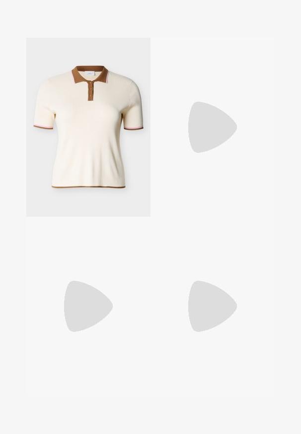 Polo à manches courtes côtelé crème avec col marron, patte de boutonnage et détails de garniture avec des accents roses sur les manches.; Pantalons marron, jusqu'aux genoux, en tissu tissé lisse, dotés d'une fermeture à bouton et de deux poches latérales pour plus de commodité.; Bottine en cuir marron avec un bout rond et un petit talon block, dotée de panneaux latéraux élastiques et d'une finition lisse et brillante.; Sac hobo en daim marron avec une grande ouverture courbée et une large bandoulière. Présente une couture centrée à l'avant. Texture lisse.