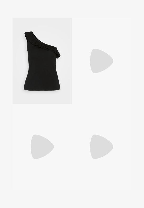 Top negro de un solo hombro con cuello volado, material de algodón suave, diseño ajustado y dobladillo sin costuras. Silueta simple y elegante.; Falda negra hasta la rodilla con una silueta recta, que presenta una abertura frontal, una textura suave y una cintura entallada.; Mules negros de tacón alto con parte superior de cuero suave y suela de plataforma gruesa, que cuentan con un diseño de punta abierta y tacón en bloque inclinado.; Bolso estructurado negro de cuero con un asa superior, correa de hombro desmontable y un detalle de tapa en la parte frontal. Acentos en dorado.