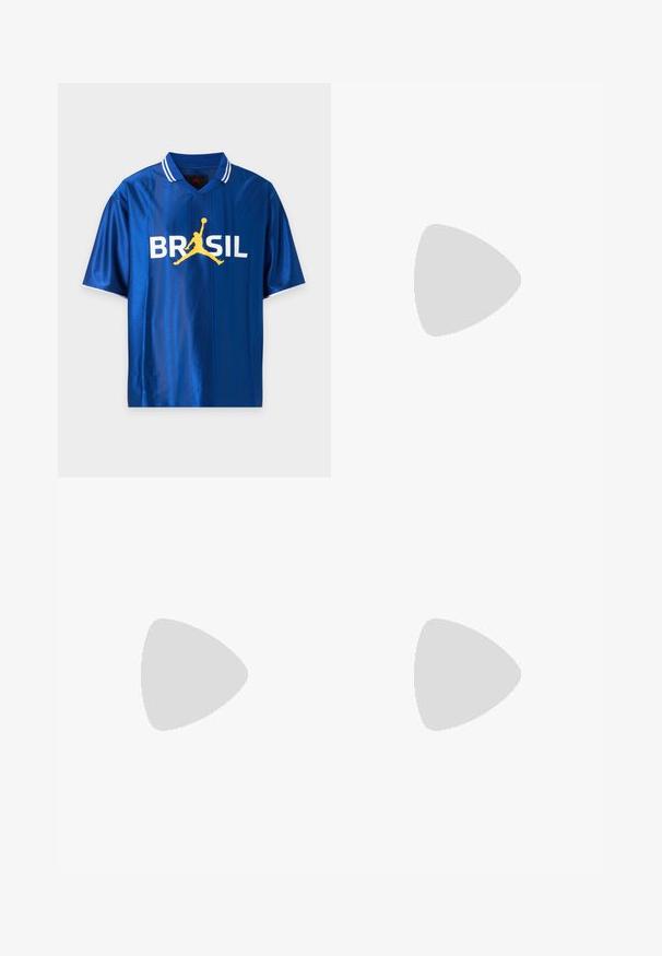 Blå sports-T-shirt med korte ærmer, hvide striber på kraven og ordet BRASIL i hvid med en gul silhuet af en basketballspiller i midten.; Mørkeblå denimshorts med mid-rise talje, trykknaplukning, forlommer og broderet logo på venstre side.; Hvid Nike-sneaker med sort Swoosh-logo, snørebånd og gummisål med trækkraft, vist midt i luften over betonstrappen.; Sorte solbriller med en buet ramme og mørke linser. Har en mat overflade og mærkenavnet "ARNETTE" på siden.