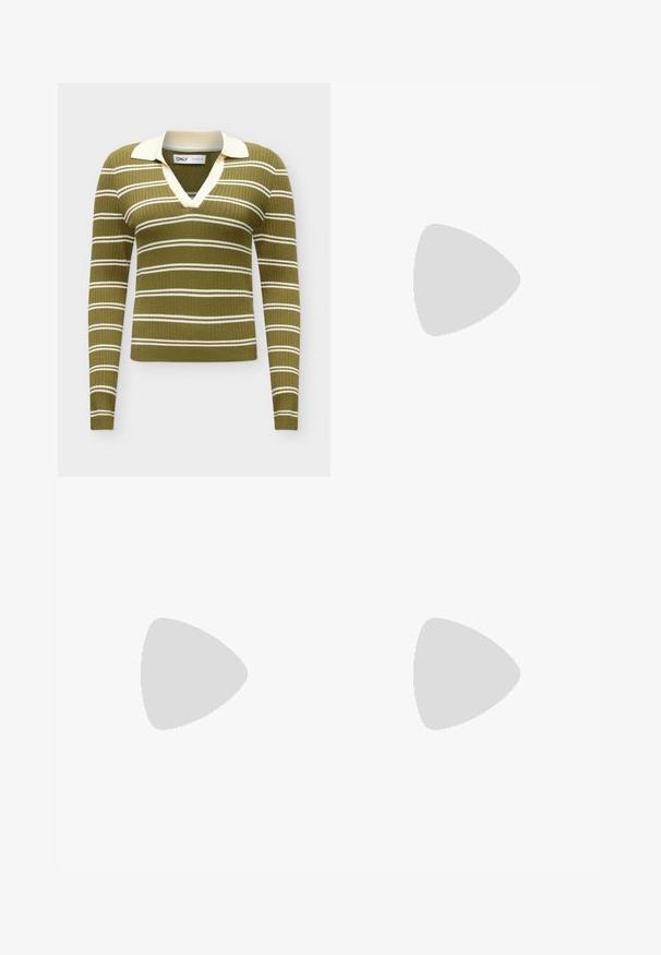 Olivgrüner gerippter Strickpullover mit weißen horizontalen Streifen, einem V-Ausschnitt und einem kontrastierenden weißen Kragen.; Dunkelblaue Schlagjeans aus Denim mit hoher Taille, fünf Taschen und Kontrastnähten an den Nähten. Glatte Textur.; Flacher dunkelbrauner Lederschuh mit spitz zulaufender Spitze und glatter Oberfläche, seitlich vor weißem Hintergrund gezeigt.; Dunkelbraune rechteckige Lederschultertasche mit einem einzelnen dünnen Riemen und goldfarbener Schnalle vor einfarbigem Hintergrund.
