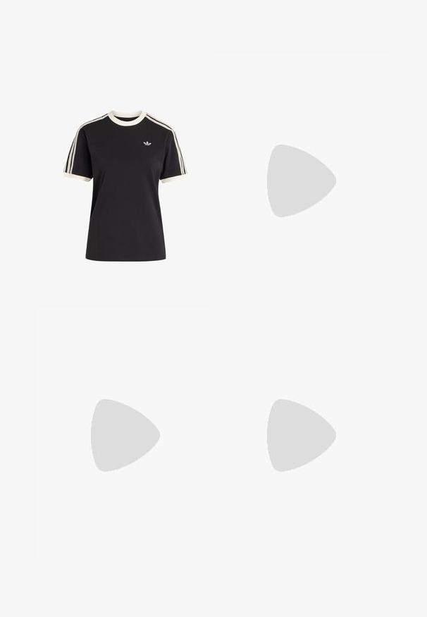 Schwarzes kurzärmeliges Hemd mit weißer Einfassung am Kragen und an den Manschetten, weißen perforierten Streifen entlang der Schultern und Ärmel, kleines Adidas-Logo auf der Brust.; Rote Sporthose aus leichtem Material, mit weitem Bein, elastischem Bund, Kordelzug und drei weißen Streifen auf jeder Seite.; Weiße Leder Sneaker mit roten Streifen und Akzenten. Verfügt über eine strukturierte Gummi-Laufsohle und einen gepolsterten Schaft. Tragen mit hellblauer Jeans.; Silberne Metallohrringe mit einem wellenförmigen, skulpturalen Design, das eine polierte Oberfläche und unregelmäßige Formen aufweist, die eine zeitgenössische Ästhetik betonen.