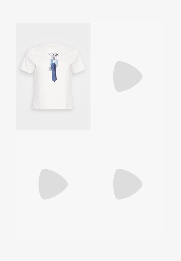 Hvid bomulds t-shirt med en grafisk illustration af en kvinde i en blå jakke og denimskørt, med teksten "ICONIC" trykt ovenfor.; Sort denim med lige ben, knap- og lynlåslukning, for- og baglommer samt diskret falming på lårene, lagt fladt på en hvid baggrund.; Sorte ankelstøvler lavet af blank læder, med spidse tæer og en mellemstor blokhæl, med en glat tekstur og et enkelt design.; Sølvmetal øreringe med et bølgende, skulpturelt design, der har en poleret overflade og uregelmæssige former, hvilket fremhæver en moderne æstetik.