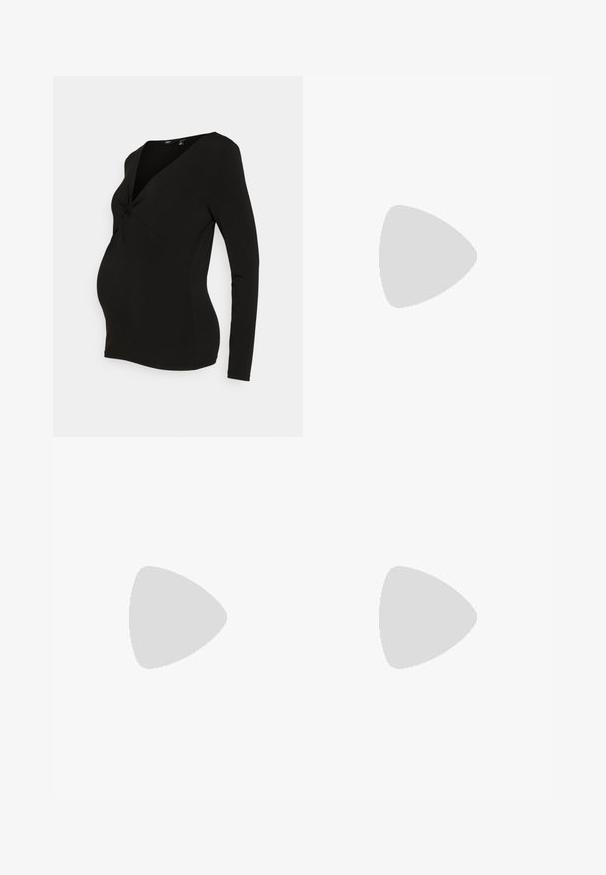 Vero Moda Maternity VMMHEVI - Top s dlhým rukávom - black; Čierne tehotenské legíny s vysokým, oporným pásom, hladkou textúrou, priliehavým strihom a bez viditeľných vzorov alebo ozdôb.; Čierny lesklý kožený mokasín s hrubou podrážkou a penny remienkom, zobrazený z profilu na bielom pozadí.; Čierna semišová taška cez rameno s dvomi dlhými, plochými koženými popruhmi. Obsahuje zakrivený horný okraj a viditeľné stehy po prednej strane. Bez kovových akcentov.
