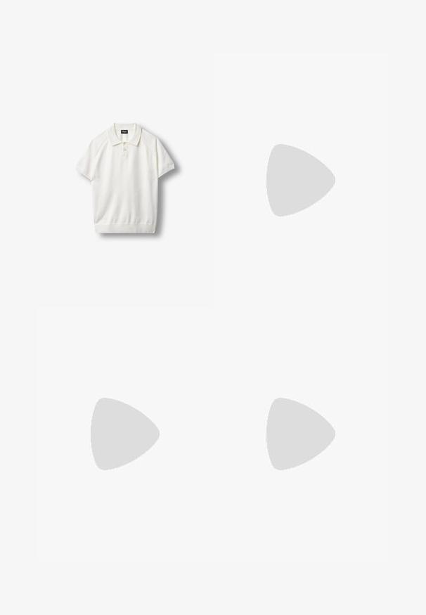 Polo blanc à manches courtes avec manches et ourlet côtelés, patte à deux boutons et col sur un fond uni.; Pantalons en lin beige à coupe droite, avec une fermeture à bouton à l'avant et une texture lisse. Sans motifs ni accents visibles.; Baskets en cuir blanc à finition lisse, bout rond, laçage à six œillets et semelle en caoutchouc texturée. Design minimaliste sans motifs.; Lunettes de soleil rectangulaires noires avec des verres foncés et des branches fines, présentées sur un fond clair et neutre.