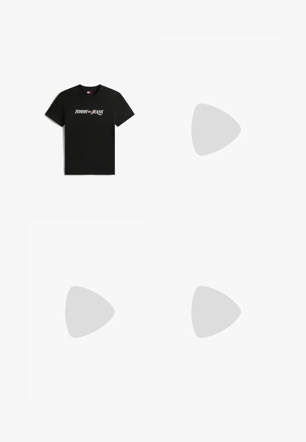 Camiseta negra de manga corta con texto blanco "Tommy Jeans" y logotipo de la bandera en rojo, blanco y azul centrado en el pecho.; Pantalones de pierna ancha en verde claro, hechos de una tela suave y texturada. Incluye un cierre de botón frontal y cinco bolsillos.; Zapatilla baja negra con cordones blancos y suela blanca, con el logo de Tommy Hilfiger en rojo, blanco y azul en la lengüeta y el lateral.; Gafas de sol de plástico transparente con lentes marrones rectangulares, que cuentan con finas varillas transparentes y acentos metálicos en las patillas.