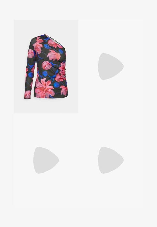 Anna Field by Zalando Langærmet T-shirt - black/pink; Vibbrante purple bredde ben bukser lavet af glat stof, med en skræddersyet talje, der har to sorte knapper og frontfolder.; Sorte læder open-toe mules har et bredt forreste strop og en chunky, høj platformhæl med en glat tekstur. Vist fra siden.; Sorte rektangulære solbriller med mørkt tonede linser, tyk plastramme og brede stænger. Glat overflade og kantet design.