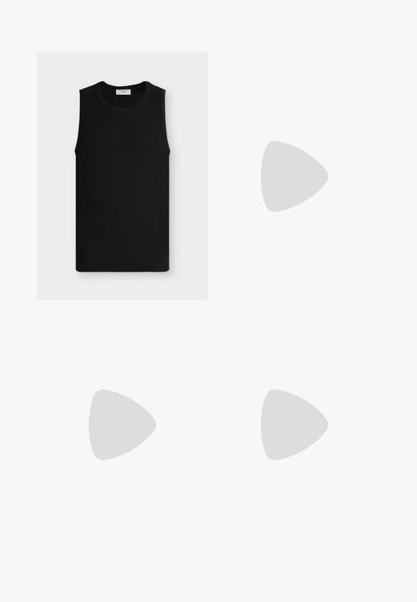Schwarzes ärmelloses, geripptes Tanktop mit rundem Ausschnitt, flach auf hellgrauem Hintergrund dargestellt.; Helleblaue Denim-Shorts mit einem ausgewaschenen Look, umgeschlagenen Säumen, Fronttaschen und abgetragenen Details am Oberschenkel. Knopfverschluss auf Taillenhöhe.; Marineblaue Canvas-Espadrille mit naturgewebter Jutsohle und niedrigem Absatz, seitlich auf weißem Hintergrund dargestellt.; Ray-Ban Sonnenbrillen mit grünen Gläsern, schwarzen Kunststoffrahmen und goldenen Akzenten an den Rändern. Quadratische Form mit matter Oberfläche.