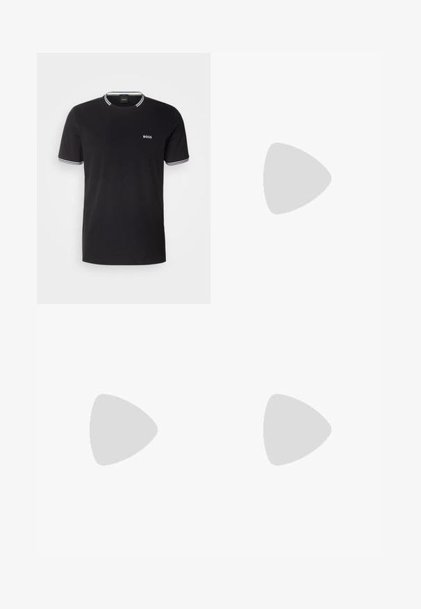 Schwarzes Baumwoll-T-Shirt mit weißem Besatz am Kragen und an den Ärmeln, das ein kleines weißes "BOSS"-Logo auf der linken Brust trägt.; Schwarze maßgeschneiderte Hosen mit glatter Textur, geradem Bein und Gürtelschlaufen. Sie zeichnen sich durch einen klassischen Schnitt aus und haben keine sichtbaren Muster oder Akzente.; Schwarze Leder-Schnürschuhe mit glatter Textur, rundem Zehenbereich und dezenten Ziernähten. Mit einem roten Laschenband an der Ferse.; Schwarzer Leder-Gürtel mit glatter Textur, silberner Metallschnalle und einer einzelnen Schlaufe zur Anpassung. Verfügt über ein sauberes, klassisches Design.