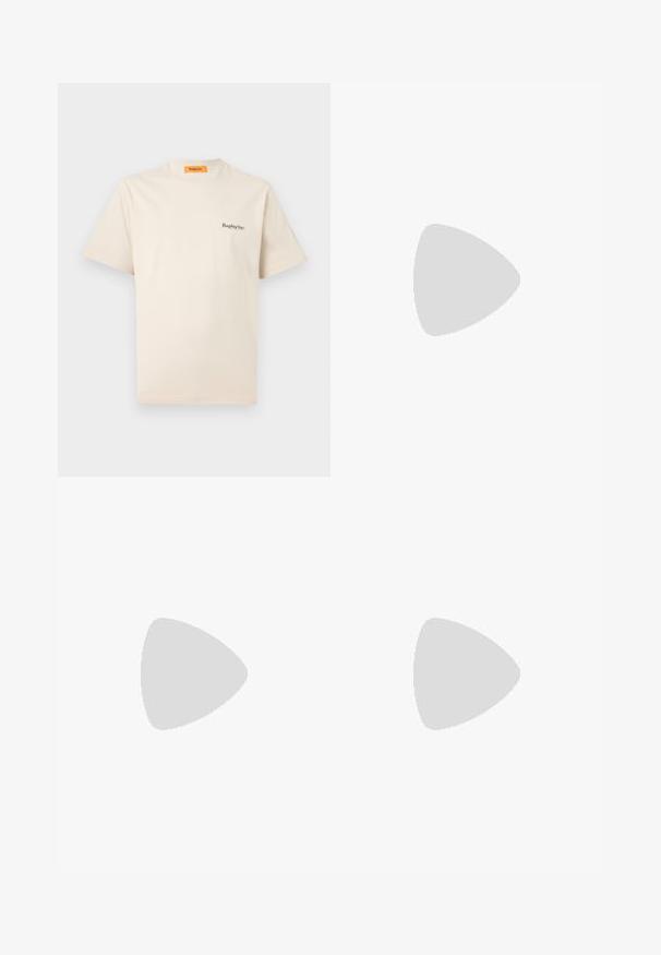 Replay Inc. ESSENTIAL LOGO UNISEX  - Lihtne T-särk - ivory; Heledad sinise denimi lühikesed püksid, millel on elastne vöökoht ja nöördetail, külje taskud ning vabalt langev lõige. Sile tekstuur, juhuslik disain.; Valged nahast spordijalatsid siledast nahast viimistlusega, ümarate varvastega, lamekestega ja tekstuuriga tallaga. Hall suede aktsent kanna juures.; Hall ristkülikukujuline kotike lukuga, ühel küljel must-valge köis-käepide ja ees keskel „ONLY & SONS“ tekst.